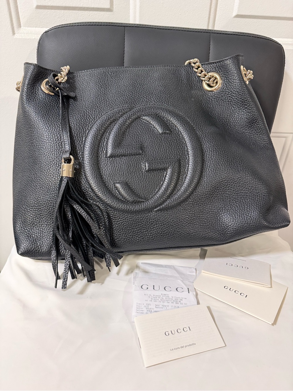 Gucci Black Pebbled Leather Shoulder Bag with Tassel and Gold Hardware